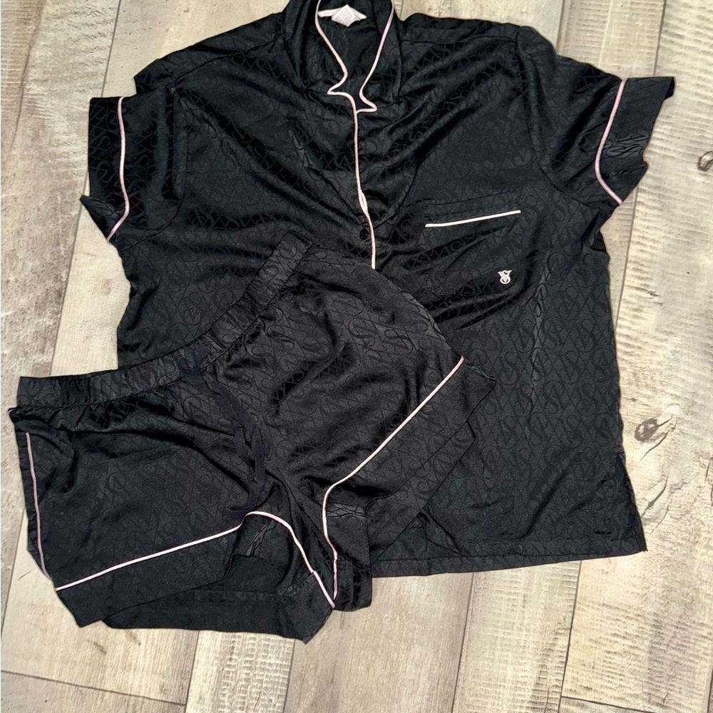Victoria's Secret Black Satin Pajama Set with Pink Trim size L - Picture 2 of 9